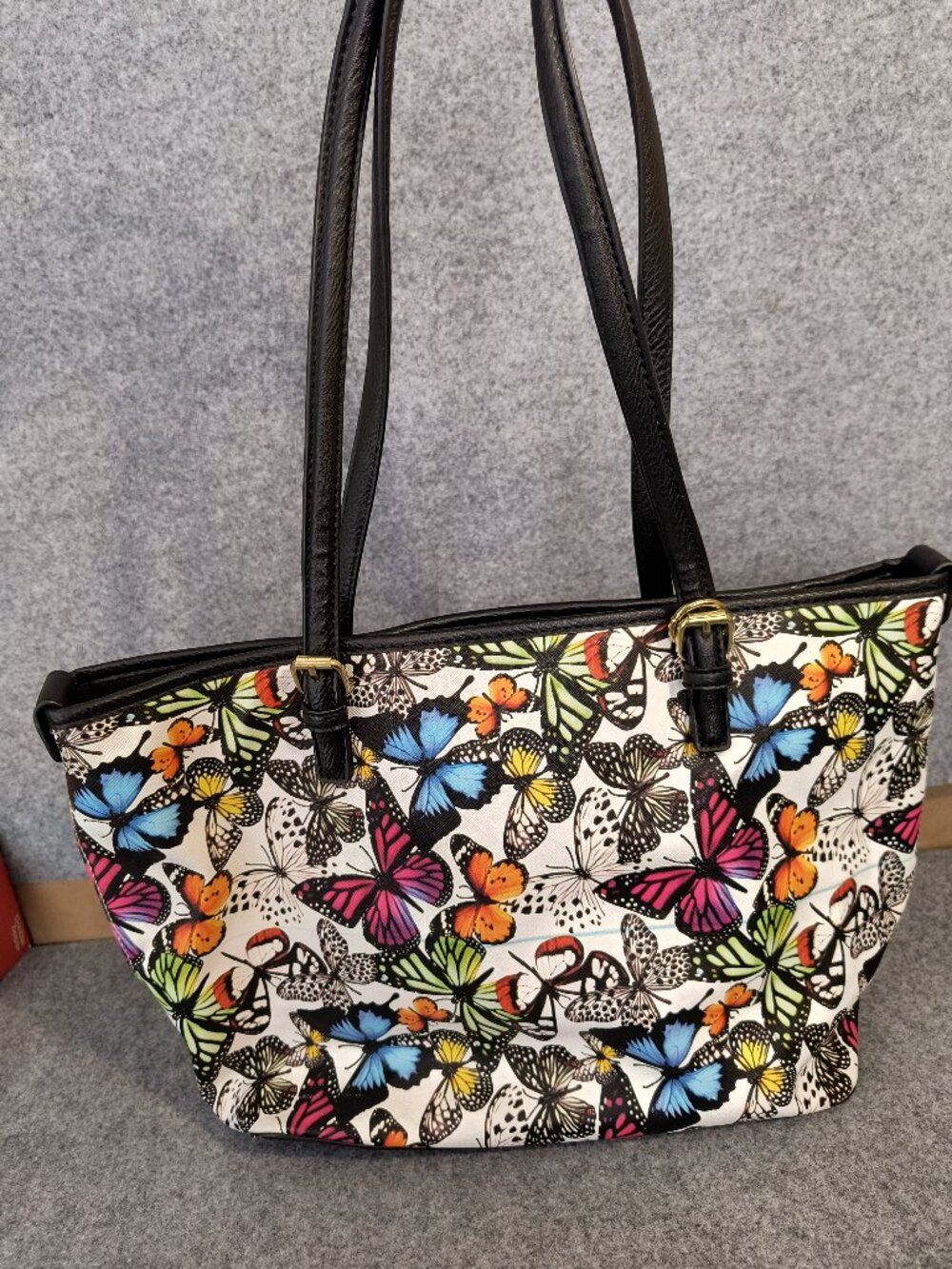 Bueno Butterfly Tote Bag Multicolor Shoulder Purse Black Trim Pink Lining